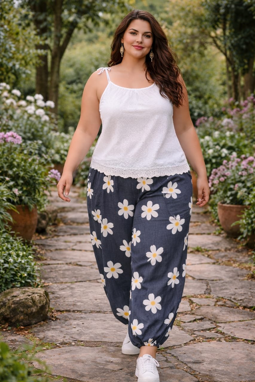 Black &White Daisy Print Cotton Lounge Pants for Women - Image 2