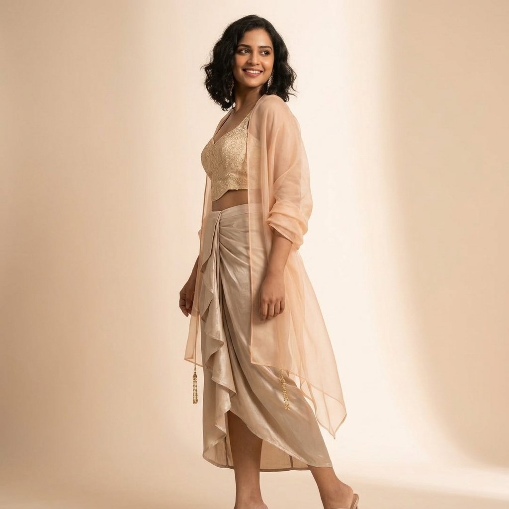 Beige Embellished coset Top with Draped Skirt & tissue cape Set for Women - Image 2