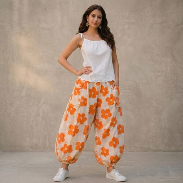 White And Orange Floral Print Palazzo Pants For Women