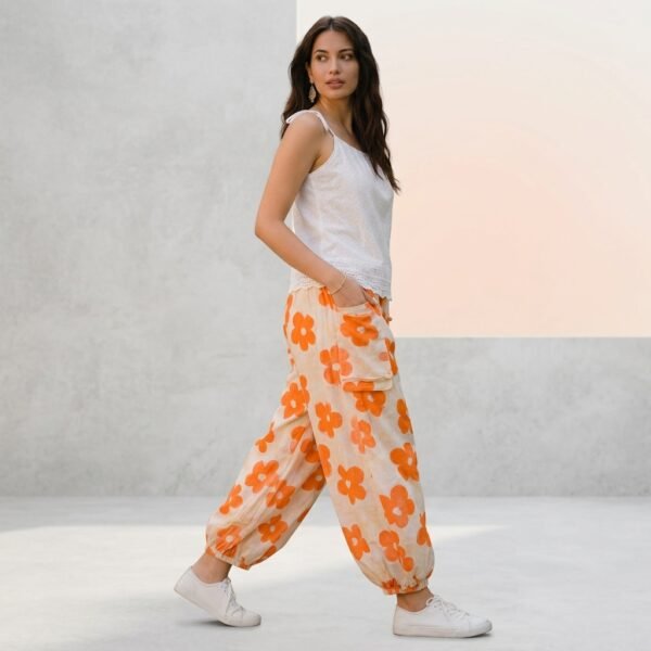 White And Orange Floral Print Palazzo Pants For Women