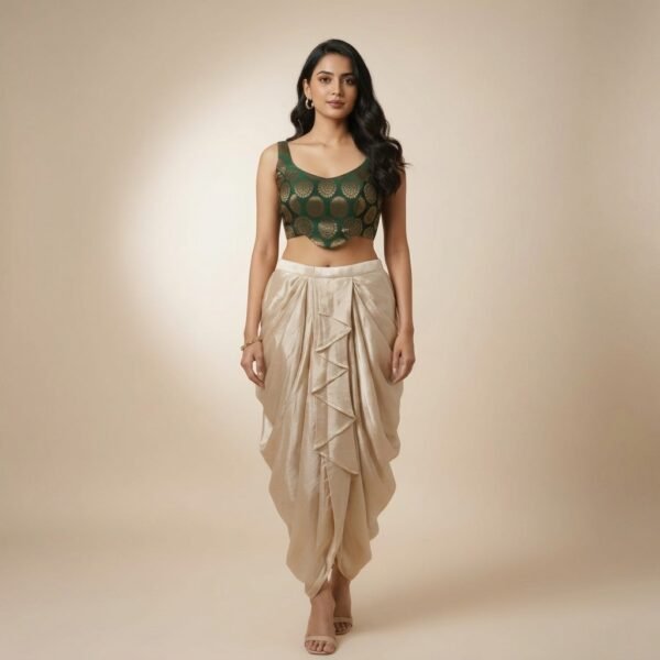 Green Embroidered Crop Top With Cream Dhoti Pants Set