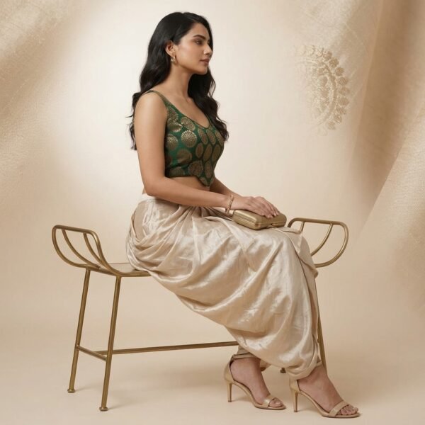 Green Embroidered Crop Top With Cream Dhoti Pants Set