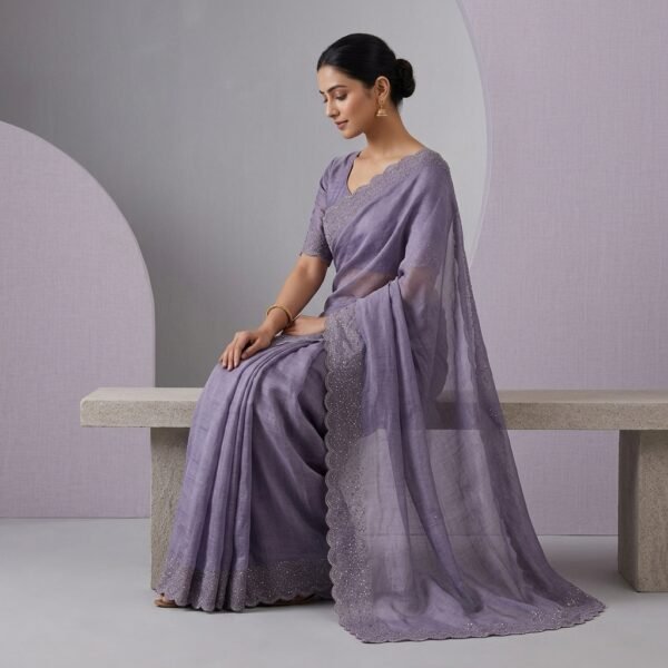 Purple Tissue crape Embellished Scalloped Saree With unstiched Blouse