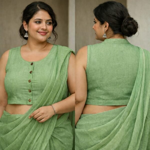 Green pure linen Cotton Sleeveless Blouse With Button Detail For Women