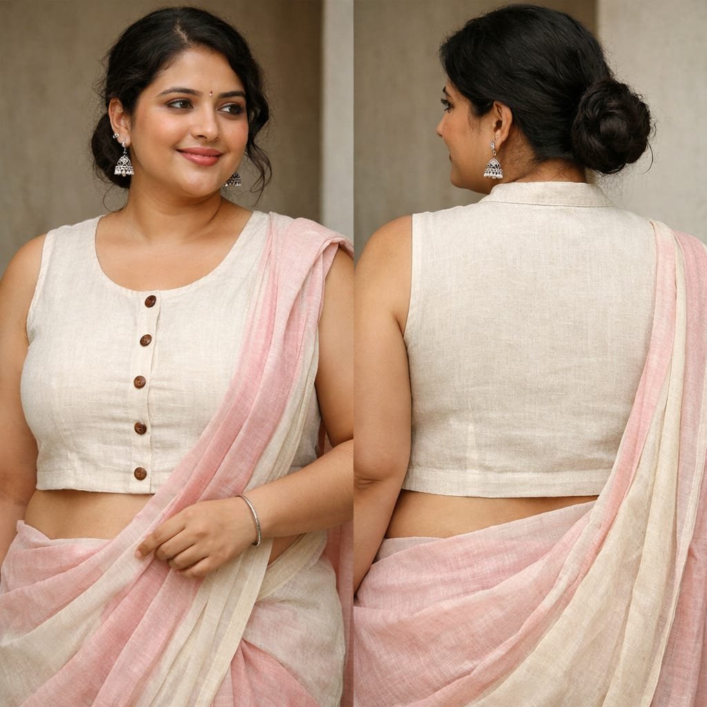 White and Pink Linen Saree Blouse for Women - Image 2