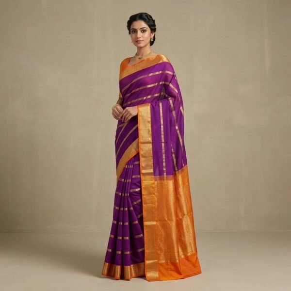 Purple And Orange Mysore crape Silk Saree With Golden Border