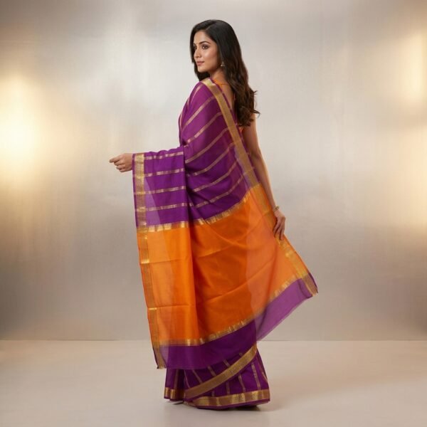 Purple And Orange Mysore crape Silk Saree With Golden Border