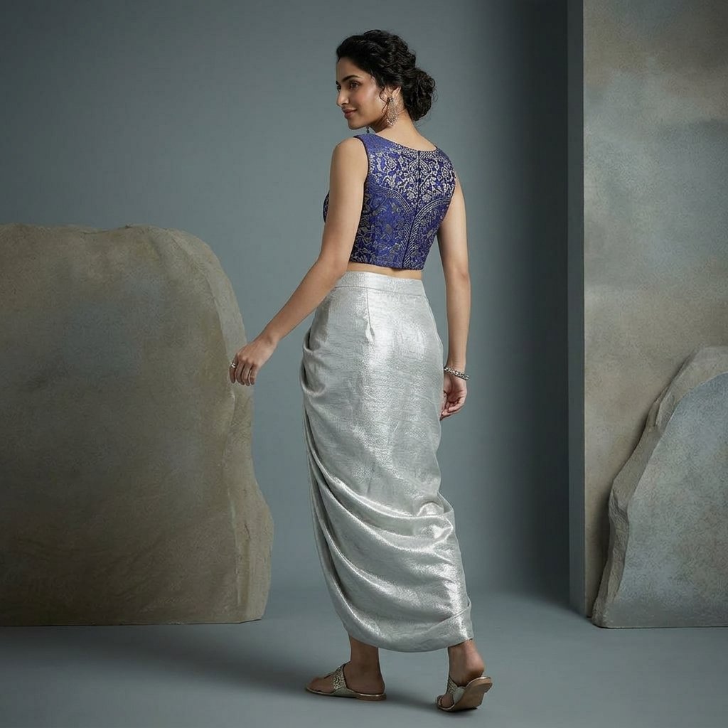 Silver Metallic Draped Skirt With Navy Embellished Crop Top - Image 2