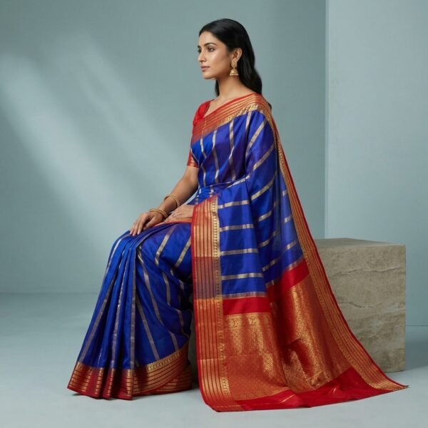 Maroon &Royal Blue border Mysore Silk Saree and Gold Zari Work