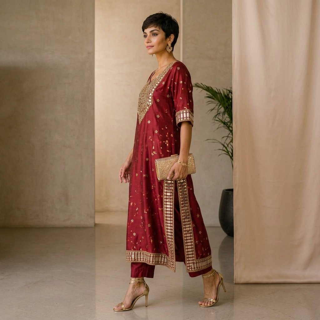 Maroon Silk Embellished Kurta Set for Women - Image 2