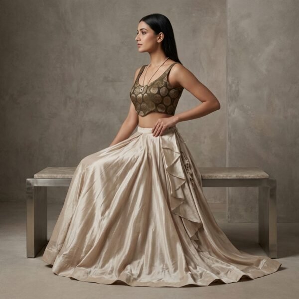 Beige Embroidered Crop Top And Skirt Set For Women