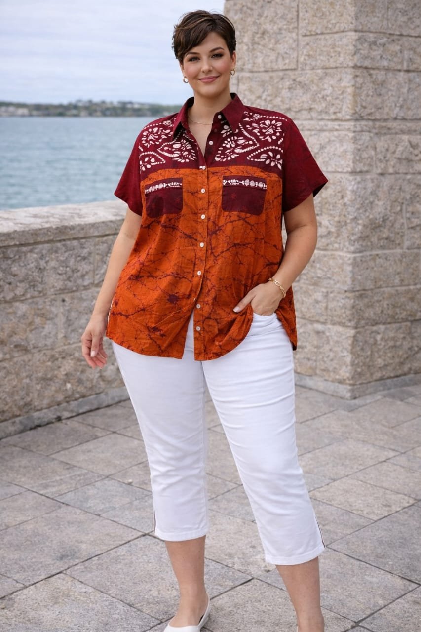 Maroon and Orange Batik Print Button Down Shirt for Women - Image 2