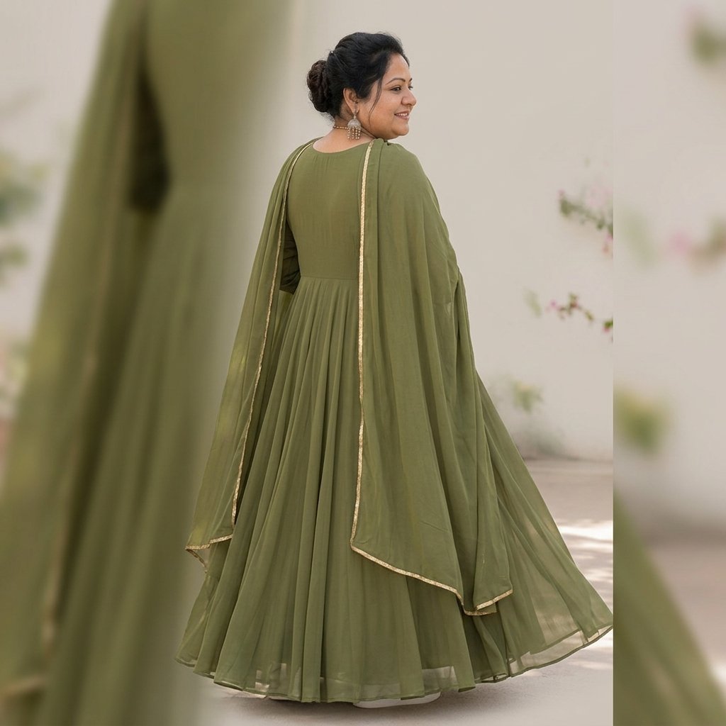Olive Green Georgette Flared Anarkali Dress for Women - Image 2