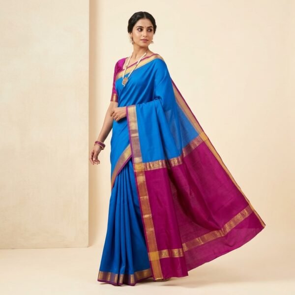 Wine with Royal blue Mysore crape Silk Saree with Golden Border