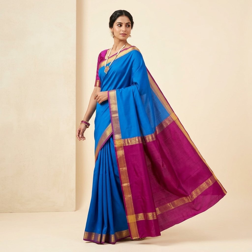 Wine with Royal blue Mysore crape Silk Saree with Golden Border - Image 2