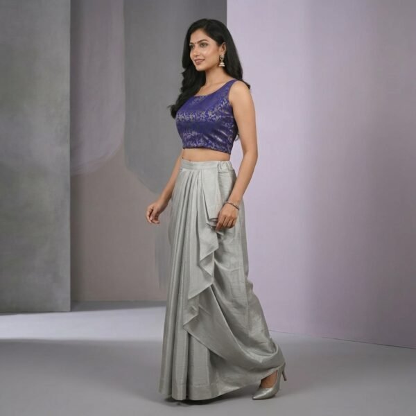 Purple Blue Brocade Blouse And Grey Draped Skirt Set For Women
