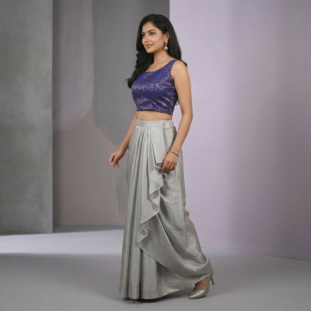 Purple Blue Brocade Blouse And Grey Draped Skirt Set For Women - Image 2