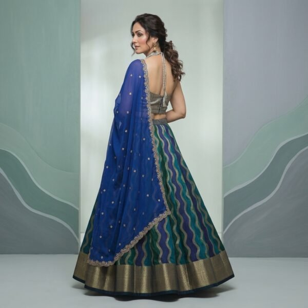 Green Blue Wave Pattern Embroidered Lehenga Choli Set for Women