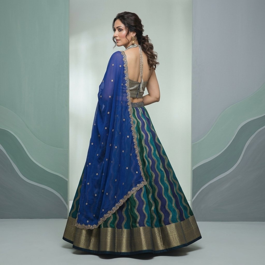 Green Blue Wave Pattern Embroidered Lehenga Choli Set for Women - Image 2