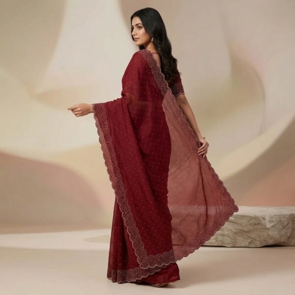 Maroon Tissue crape Embellished Scalloped Saree With unstiched Blouse