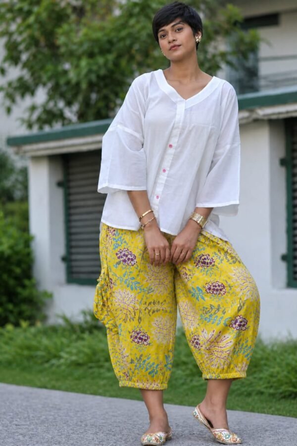 White Floral cotton Kurta With Yellow Printed Baloon pant Set For Women