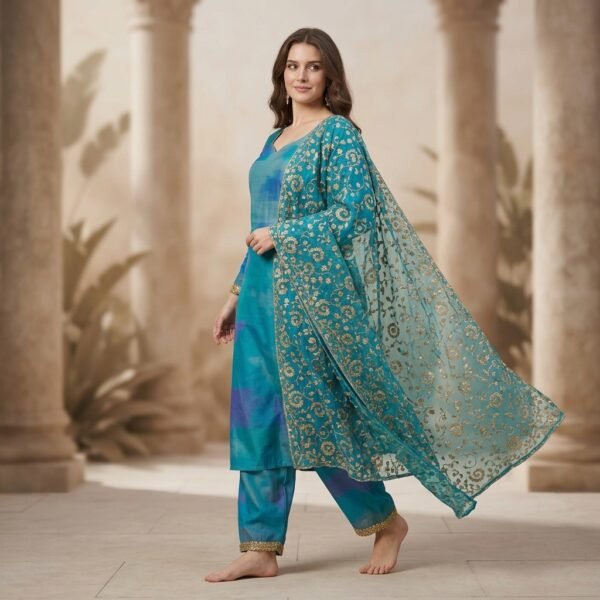 Turquoise Silk Blend Printed Aline straight silk Kurta Set with dupatta for Women