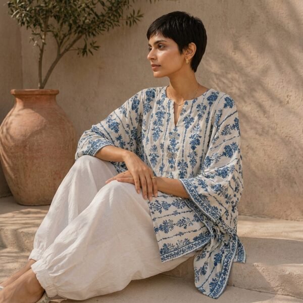 Blue Floral Print Cotton Kurta Set for Women
