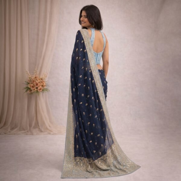Navy Blue Sequin Embellished Saree with Light Blue Blouse