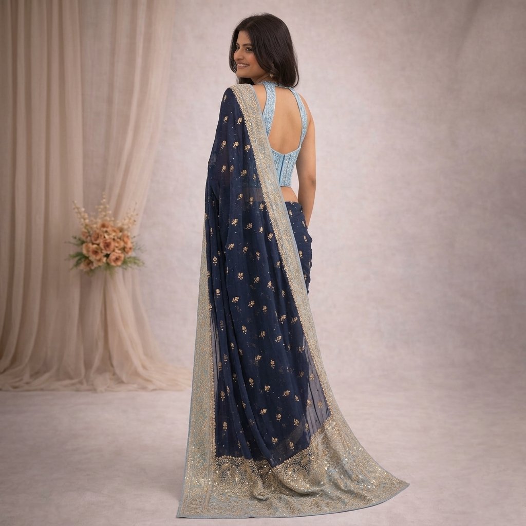 Navy Blue Sequin Embellished Saree with Light Blue Blouse - Image 2