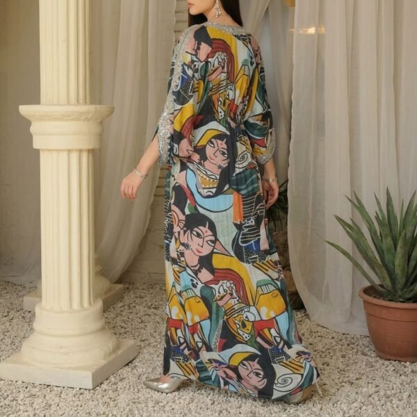 Multicolor Abstract Print V-Neck Kaftan Dress for Women