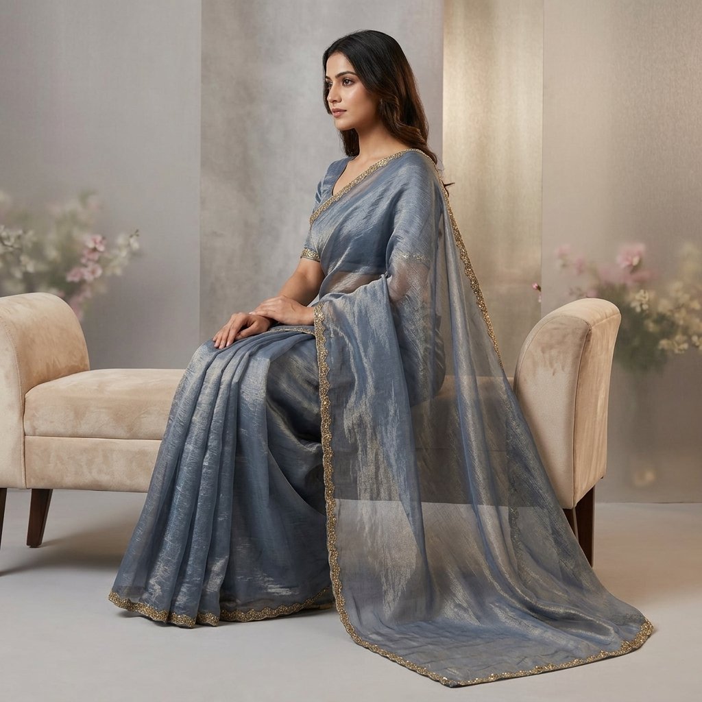 Greyish blue Organza Saree with Golden Border - Image 2