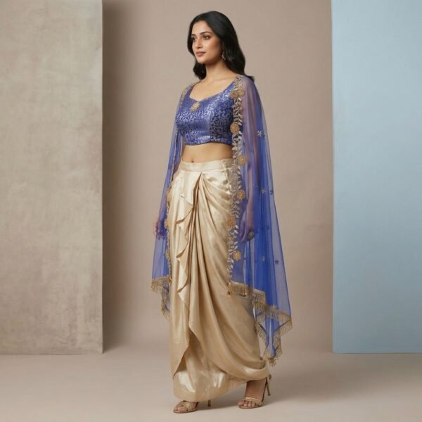Blue Brocade Embellished Crop Top Dhoti Lehenga Set with Cape