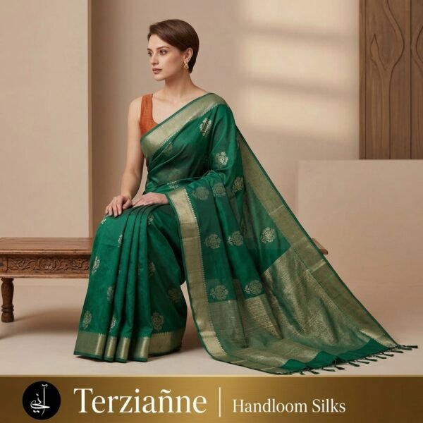 Green Banarasi Silk Handloom Saree With Golden Border