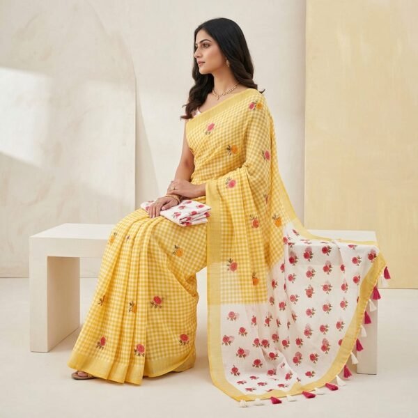 Yellow Gingham Check print Saree with unstiched /stiched Blouse