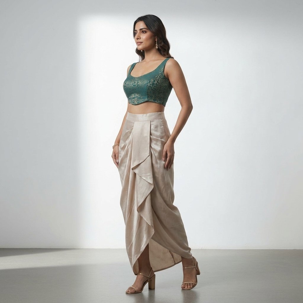 Teal Green Embellished Crop Top with Beige Draped Dhoti Pants - Image 2