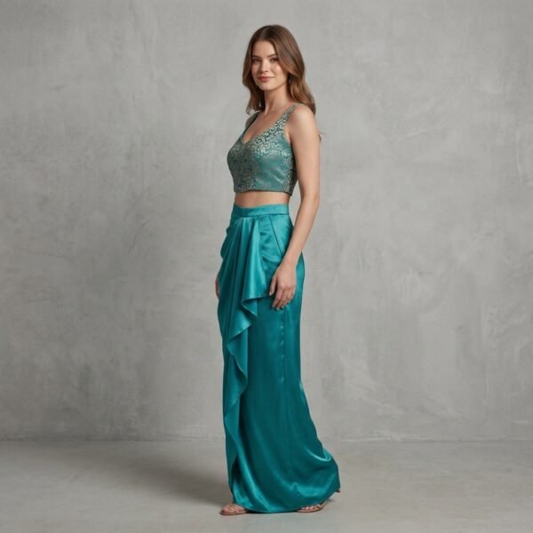 Teal Embellished Crop Top And Satin Drape Skirt Set For Women