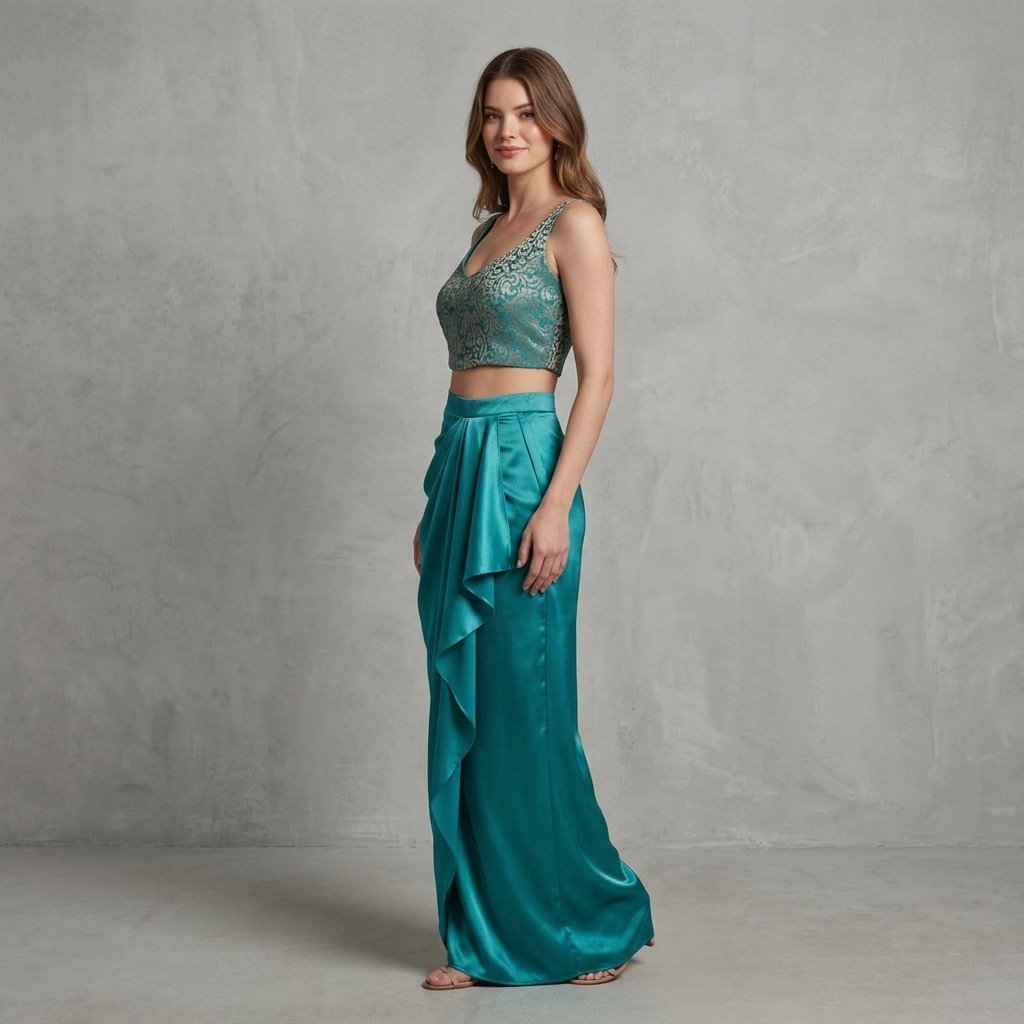 Teal Embellished Crop Top And Satin Drape Skirt Set For Women - Image 2