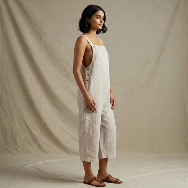 White Linen Sleeveless Wide Leg Jumpsuit for Women