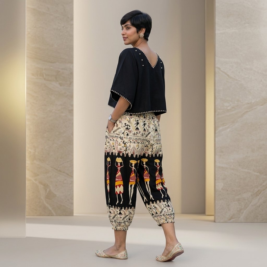 Black Beige Warli Print Crop Top and Yoga capri Set for Women - Image 2