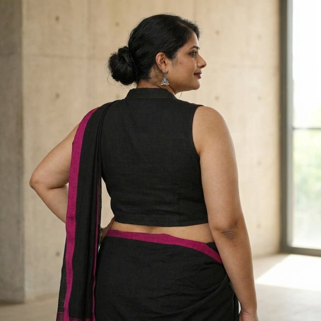 Black linen Cotton Sleeveless Saree Blouse - Image 2