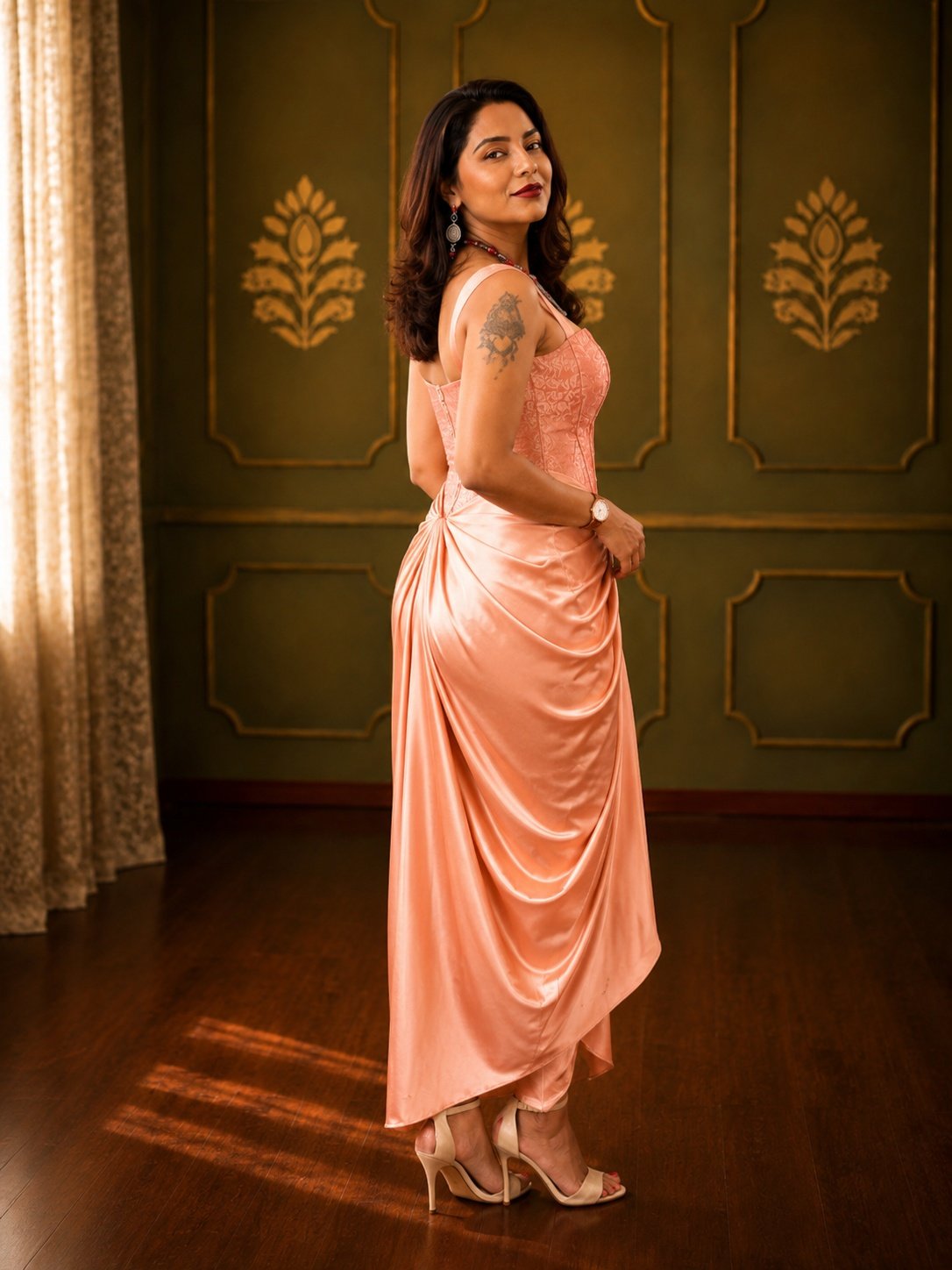 Blush Peach Satin Draped Skirt with Peach Brocade Corset Crop Top Set - Image 2