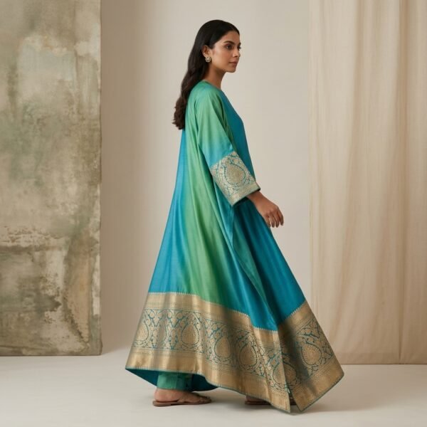 Turquoise Silk Blend Anarkali Kurta for Women