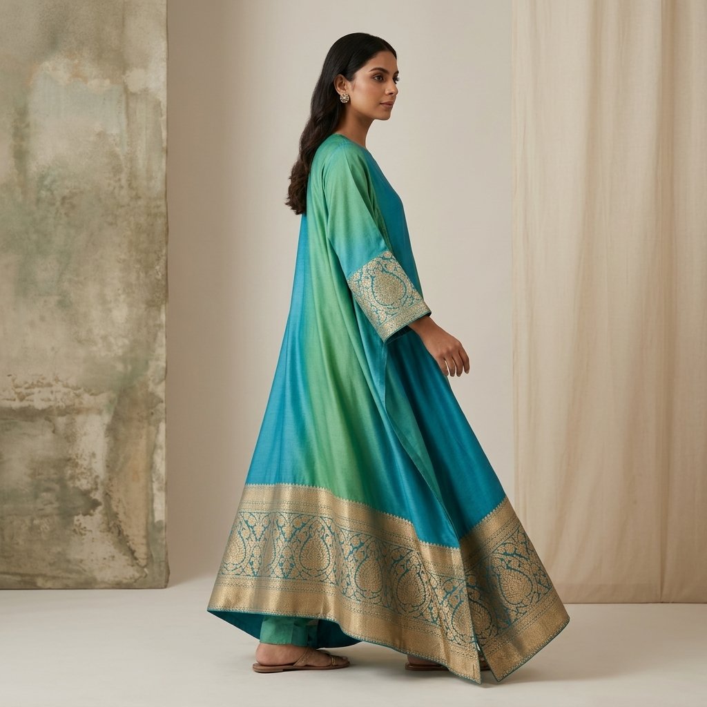 Turquoise Silk Blend Anarkali Kurta for Women - Image 2