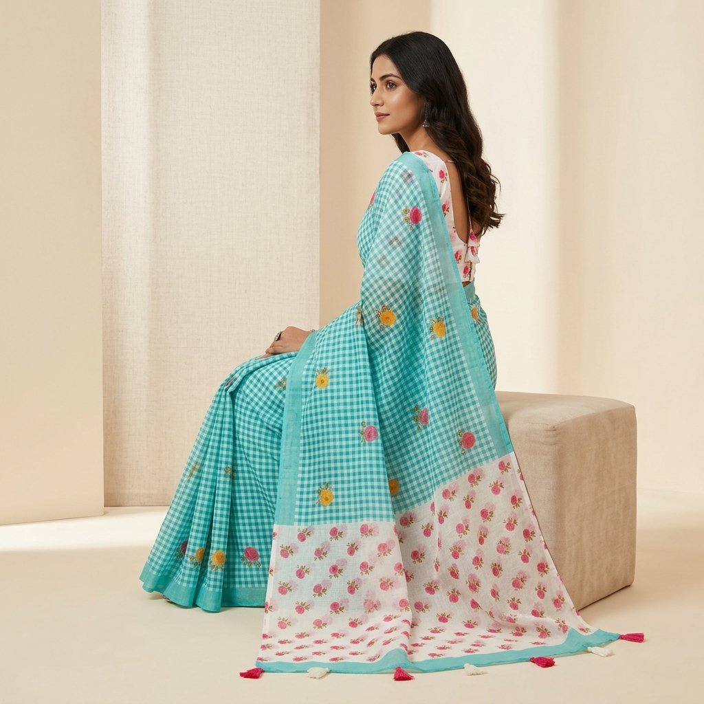 Turquoise Gingham Check printed Saree with Floral Motif print with blouse peice - Image 2