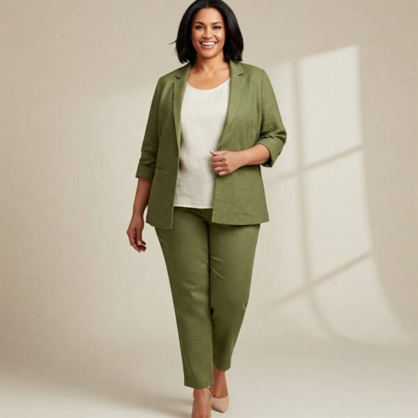 Olive Green Linen cotton Formal Blazer And Trouser Suit Set For Women