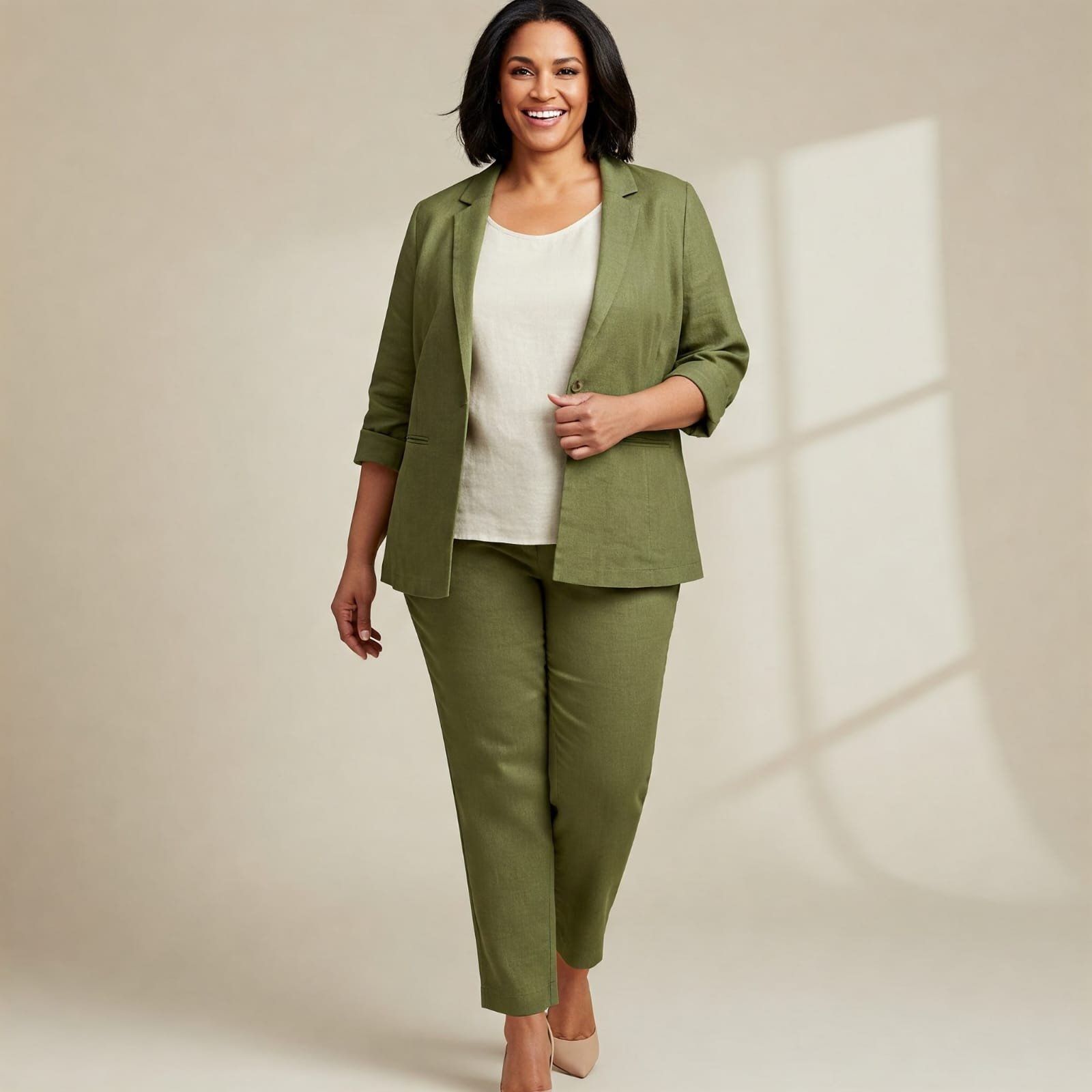 Olive Green Linen cotton Formal Blazer And Trouser Suit Set For Women - Image 2