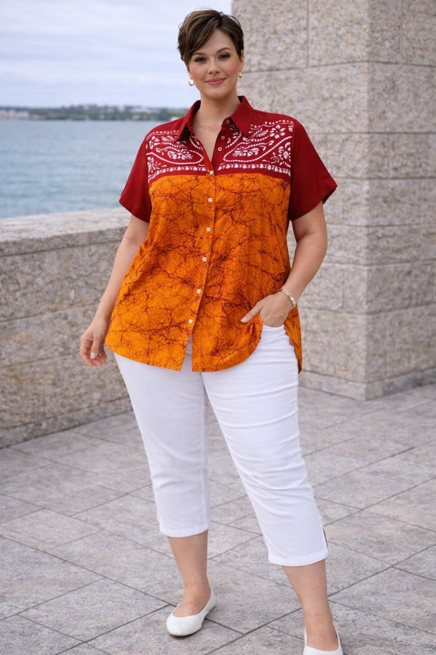 Red And Orange Batik Printed Short Sleeve cotton Shirt For Women - Image 2