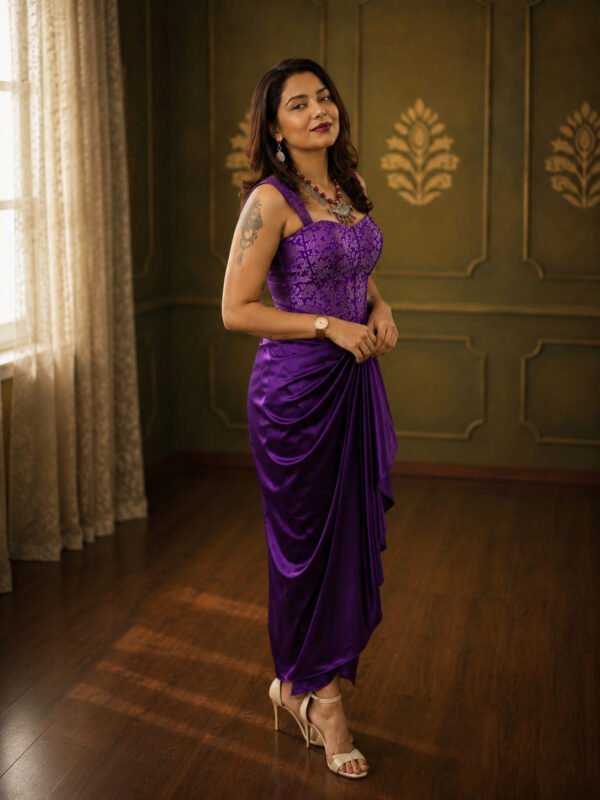 Royal Purple Satin Draped Skirt with Purple Brocade Corset Crop Top Set
