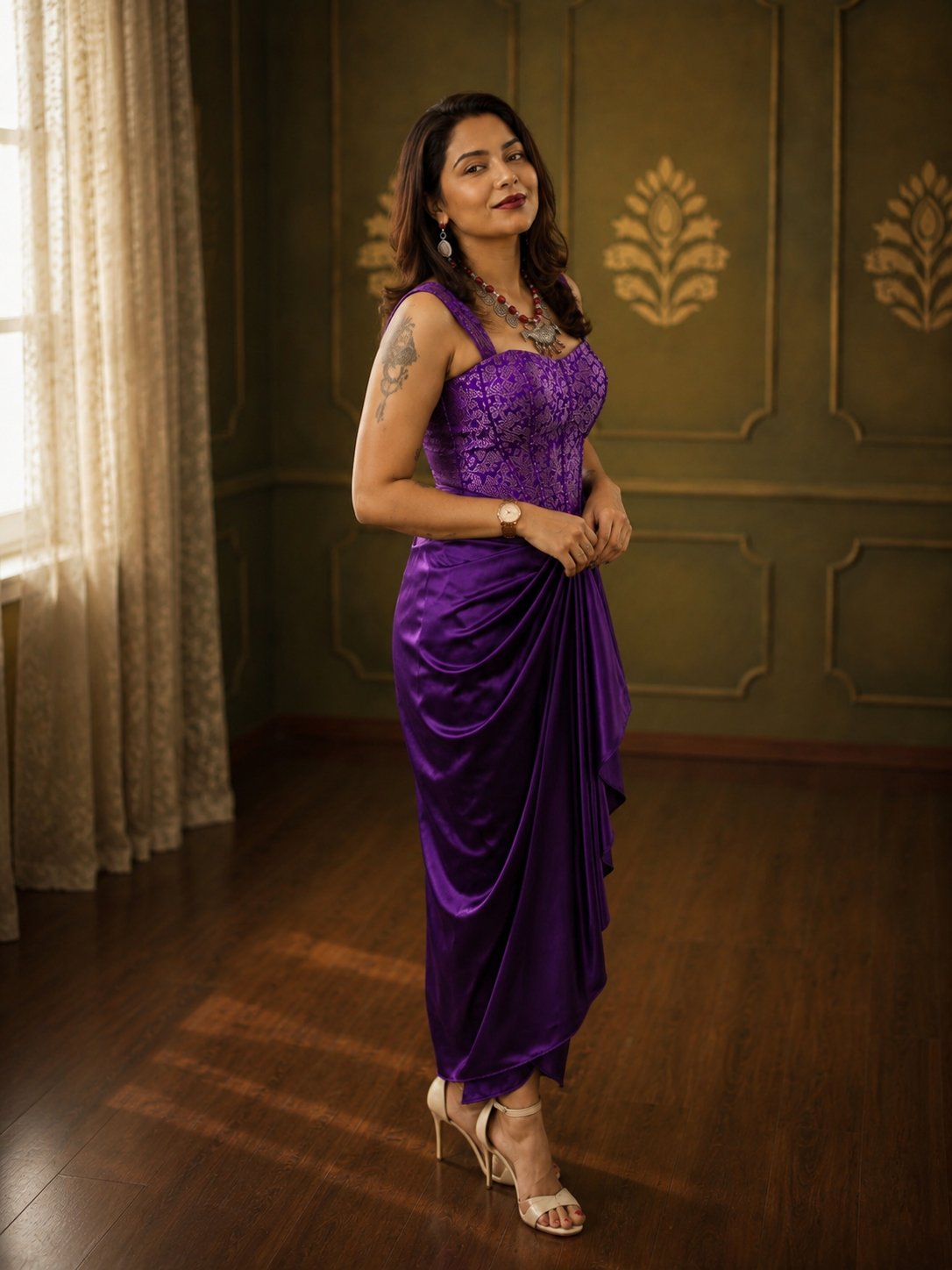 Royal Purple Satin Draped Skirt with Purple Brocade Corset Crop Top Set - Image 2