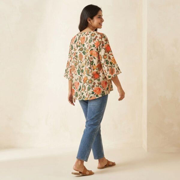 Cream Floral Print Kimono Style Top for Women